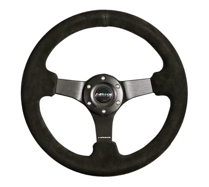 NRG Reinforced Steering Wheel (330mm / 3in Deep) Blk Suede w/Criss Cross Stitch w/Blk 3-Spoke Center NRG Steering Wheels  AXOPROS