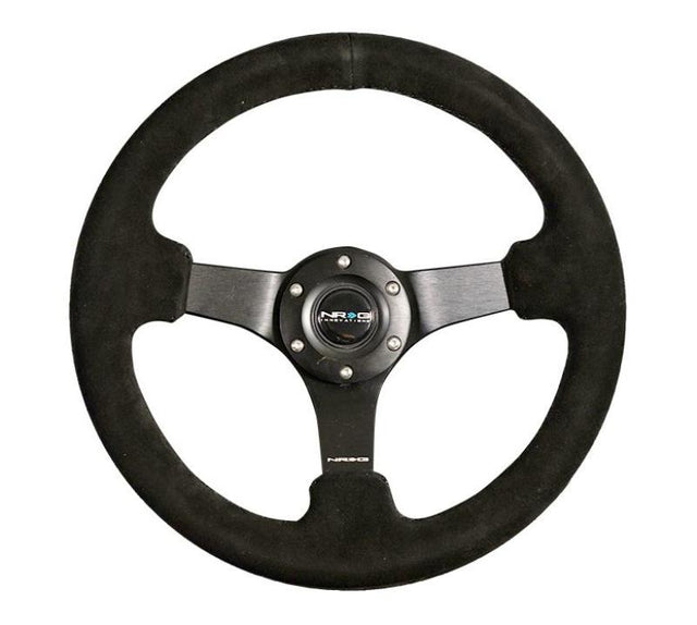 NRG Reinforced Steering Wheel (330mm / 3in Deep) Blk Suede w/Criss Cross Stitch w/Blk 3-Spoke Center NRG Steering Wheels  AXOPROS