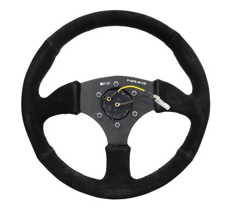 NRG Reinforced Steering Wheel (350mm / 2.5in. Deep) Blk Suede Comfort Grip w/5mm Matte Blk Spokes NRG Steering Wheels  AXOPROS