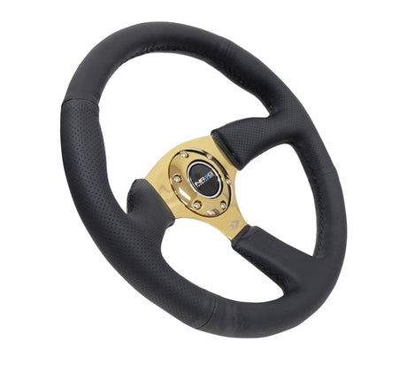NRG Reinforced Steering Wheel (350mm / 2.5in. Deep) Leather Race Comfort Grip w/4mm Gold Spokes NRG Steering Wheels  AXOPROS