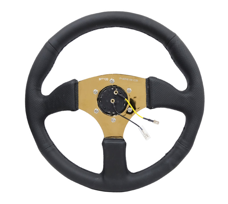 NRG Reinforced Steering Wheel (350mm / 2.5in. Deep) Leather Race Comfort Grip w/4mm Gold Spokes NRG Steering Wheels  AXOPROS