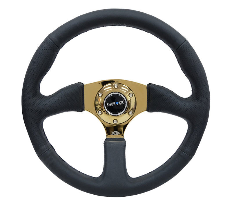 NRG Reinforced Steering Wheel (350mm / 2.5in. Deep) Leather Race Comfort Grip w/4mm Gold Spokes NRG Steering Wheels  AXOPROS