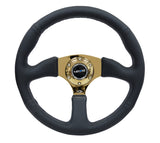 NRG Reinforced Steering Wheel (350mm / 2.5in. Deep) Leather Race Comfort Grip w/4mm Gold Spokes NRG Steering Wheels  AXOPROS