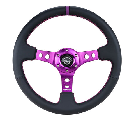 NRG Reinforced Steering Wheel (350mm / 3in. Deep) Black Leather w/Purple Center & Purple Stitching NRG Steering Wheels  AXOPROS