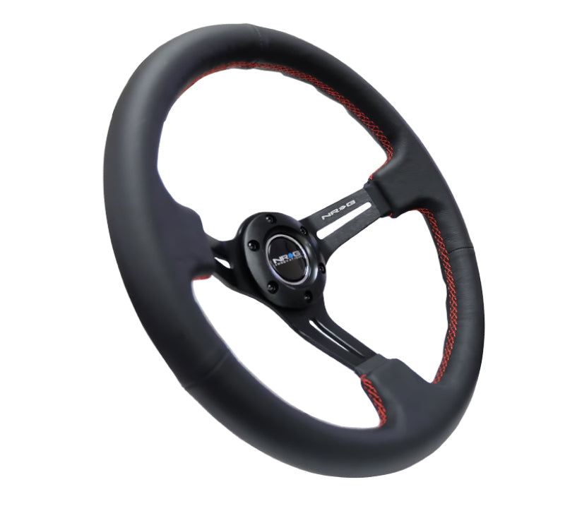 NRG Reinforced Steering Wheel (350mm / 3in. Deep) Black Leather/Red Stitch & Blk 3-Spoke w/Slits NRG Steering Wheels  AXOPROS