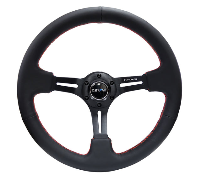 NRG Reinforced Steering Wheel (350mm / 3in. Deep) Black Leather/Red Stitch & Blk 3-Spoke w/Slits NRG Steering Wheels  AXOPROS