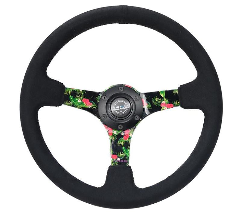 NRG Reinforced Steering Wheel (350mm / 3in. Deep) Black Suede w/ 5mm Floral 3-Spoke Center NRG Steering Wheels  AXOPROS