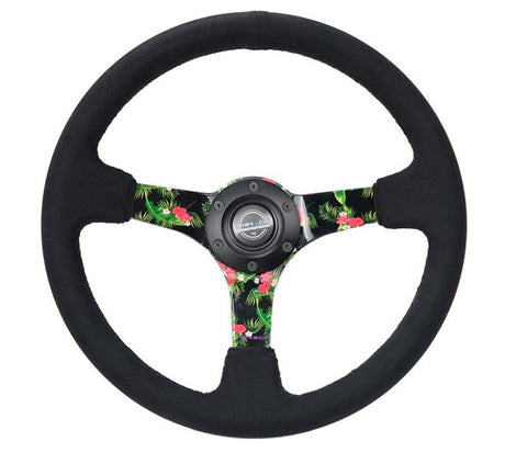 NRG Reinforced Steering Wheel (350mm / 3in. Deep) Black Suede w/ 5mm Floral 3-Spoke Center NRG Steering Wheels  AXOPROS
