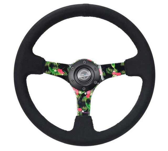 NRG Reinforced Steering Wheel (350mm / 3in. Deep) Black Suede w/ 5mm Floral 3-Spoke Center NRG Steering Wheels  AXOPROS