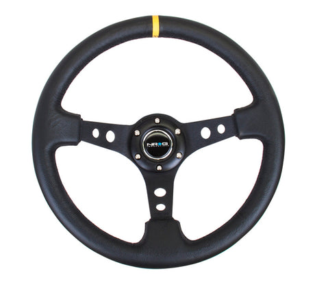 NRG Reinforced Steering Wheel (350mm / 3in. Deep) Blk Leather w/Blk Cutout Spoke/Yellow Center Mark NRG Steering Wheels  AXOPROS