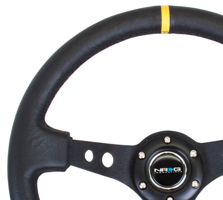NRG Reinforced Steering Wheel (350mm / 3in. Deep) Blk Leather w/Blk Cutout Spoke/Yellow Center Mark NRG Steering Wheels  AXOPROS