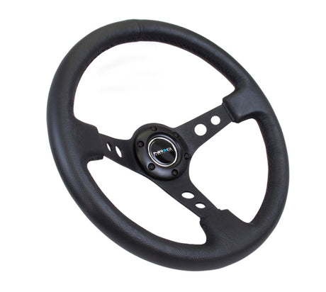 NRG Reinforced Steering Wheel (350mm / 3in. Deep) Blk Leather w/Blk Spoke & Circle Cutouts NRG Steering Wheels  AXOPROS