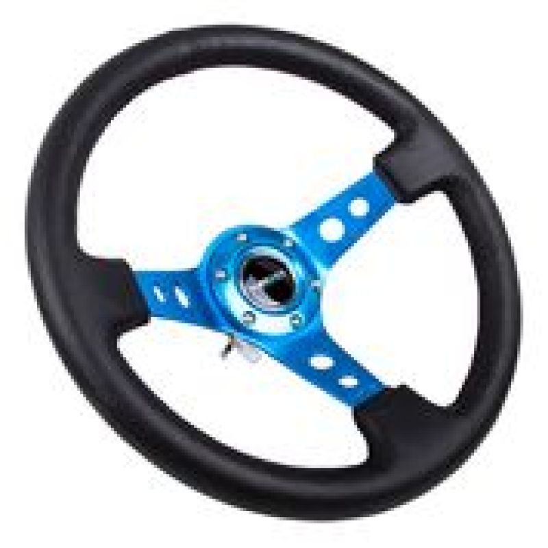 NRG Reinforced Steering Wheel (350mm / 3in. Deep) Blk Leather w/Blue Circle Cutout Spokes NRG Steering Wheels  AXOPROS