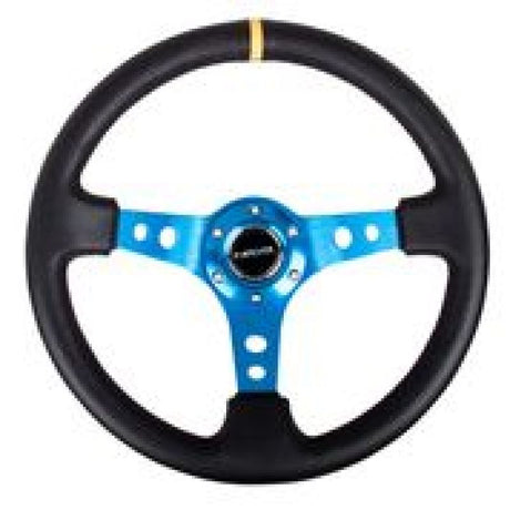 NRG Reinforced Steering Wheel (350mm / 3in. Deep) Blk Leather w/Blue Cutout Spoke & Single Yellow CM NRG Steering Wheels  AXOPROS