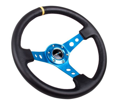 NRG Reinforced Steering Wheel (350mm / 3in. Deep) Blk Leather w/Blue Cutout Spoke & Single Yellow CM NRG Steering Wheels  AXOPROS