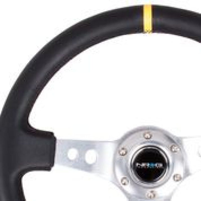 NRG Reinforced Steering Wheel (350mm / 3in. Deep) Blk Leather w/Circle Cut Spokes & Single Yellow CM NRG Steering Wheels  AXOPROS