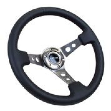 NRG Reinforced Steering Wheel (350mm / 3in. Deep) Blk Leather w/Gunmetal Circle Cutout Spokes NRG Steering Wheels  AXOPROS