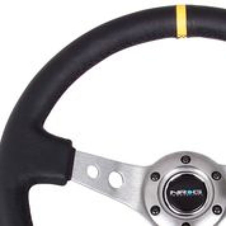 NRG Reinforced Steering Wheel (350mm / 3in. Deep) Blk Leather w/Gunmetal Cutout Spoke & Yellow CM NRG Steering Wheels  AXOPROS