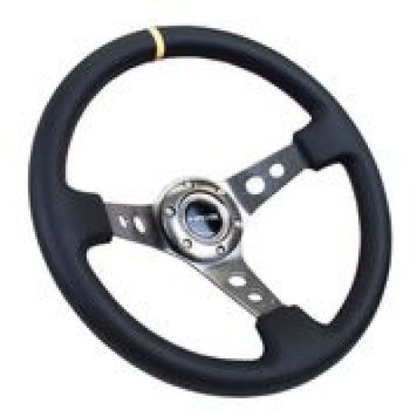 NRG Reinforced Steering Wheel (350mm / 3in. Deep) Blk Leather w/Gunmetal Cutout Spoke & Yellow CM NRG Steering Wheels  AXOPROS