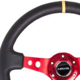 NRG Reinforced Steering Wheel (350mm / 3in. Deep) Blk Leather w/Red Spokes & Sgl Yellow Center Mark NRG Steering Wheels  AXOPROS