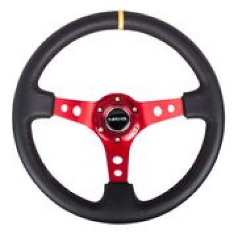 NRG Reinforced Steering Wheel (350mm / 3in. Deep) Blk Leather w/Red Spokes & Sgl Yellow Center Mark NRG Steering Wheels  AXOPROS