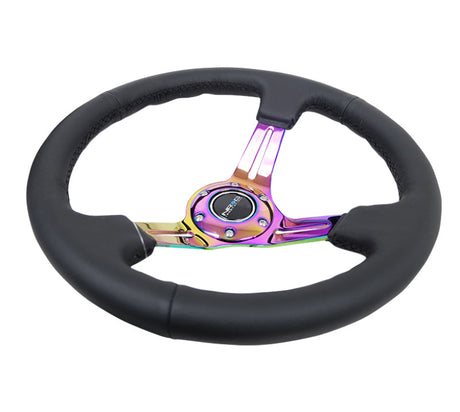 NRG Reinforced Steering Wheel (350mm / 3in. Deep) Blk Leather/Blk Stitch w/Neochrome Slits NRG Steering Wheels  AXOPROS