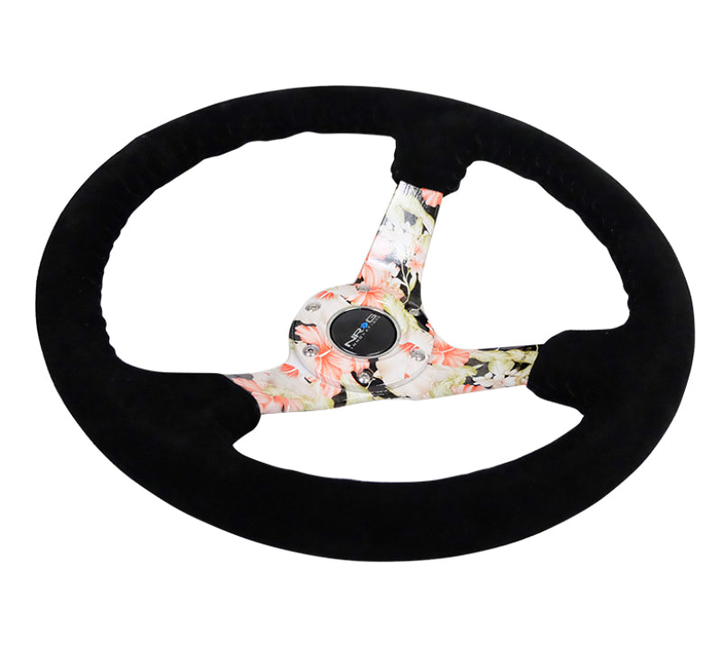 NRG Reinforced Steering Wheel (350mm / 3in. Deep) Blk Suede Floral Dipped w/ Blk Baseball Stitch NRG Steering Wheels  AXOPROS