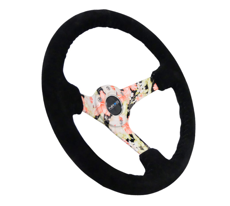 NRG Reinforced Steering Wheel (350mm / 3in. Deep) Blk Suede Floral Dipped w/ Blk Baseball Stitch NRG Steering Wheels  AXOPROS