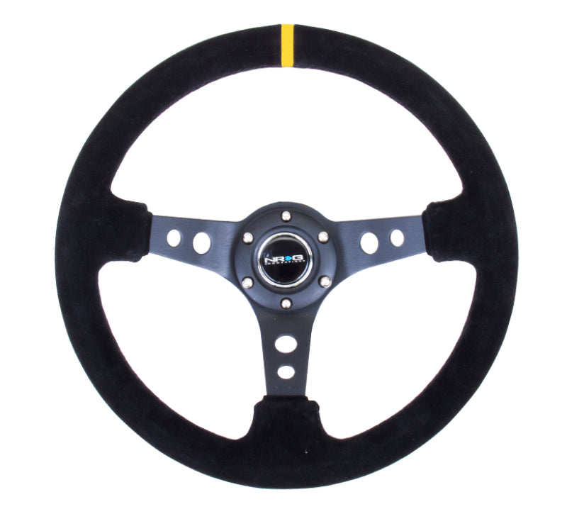 NRG Reinforced Steering Wheel (350mm / 3in. Deep) Blk Suede w/Circle Cut Spokes & Single Yellow CM NRG Steering Wheels  AXOPROS
