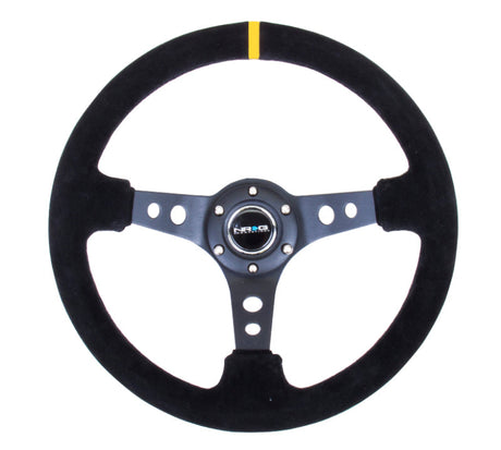 NRG Reinforced Steering Wheel (350mm / 3in. Deep) Blk Suede w/Circle Cut Spokes & Single Yellow CM NRG Steering Wheels  AXOPROS