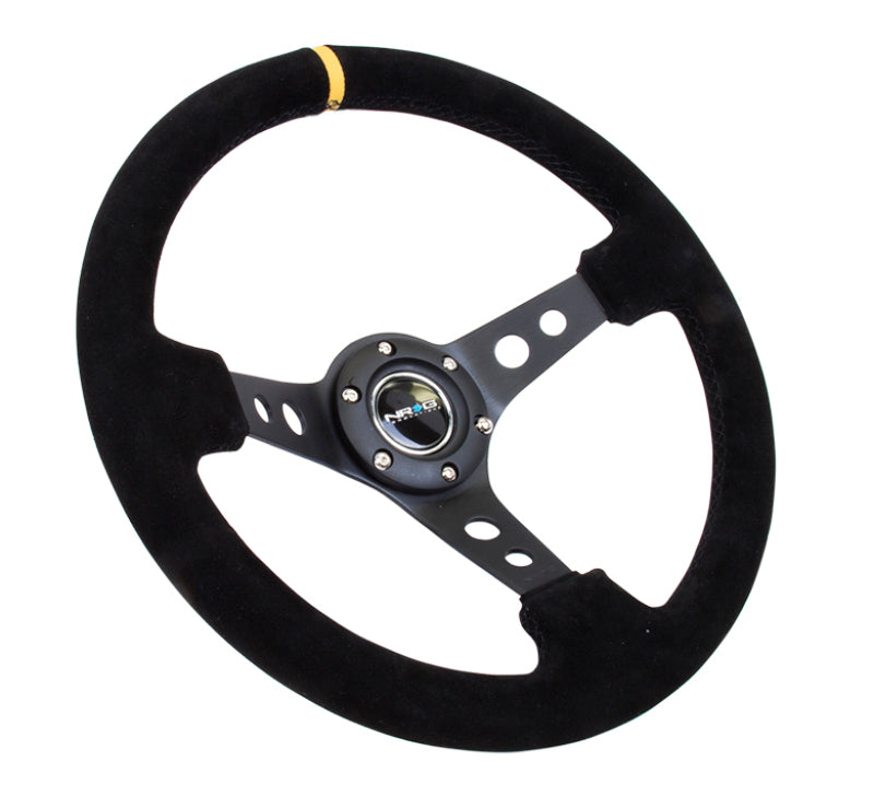 NRG Reinforced Steering Wheel (350mm / 3in. Deep) Blk Suede w/Circle Cut Spokes & Single Yellow CM NRG Steering Wheels  AXOPROS