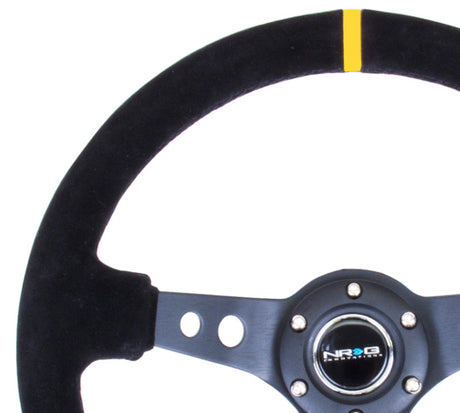 NRG Reinforced Steering Wheel (350mm / 3in. Deep) Blk Suede w/Circle Cut Spokes & Single Yellow CM NRG Steering Wheels  AXOPROS