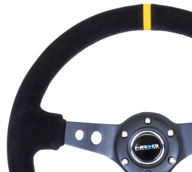 NRG Reinforced Steering Wheel (350mm / 3in. Deep) Blk Suede w/Circle Cut Spokes & Single Yellow CM NRG Steering Wheels  AXOPROS