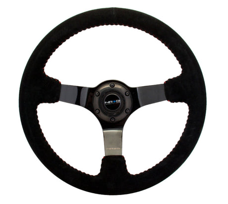 NRG Reinforced Steering Wheel (350mm / 3in. Deep) Blk Suede w/Red BBall Stitch & Black 3-Spoke NRG Steering Wheels  AXOPROS