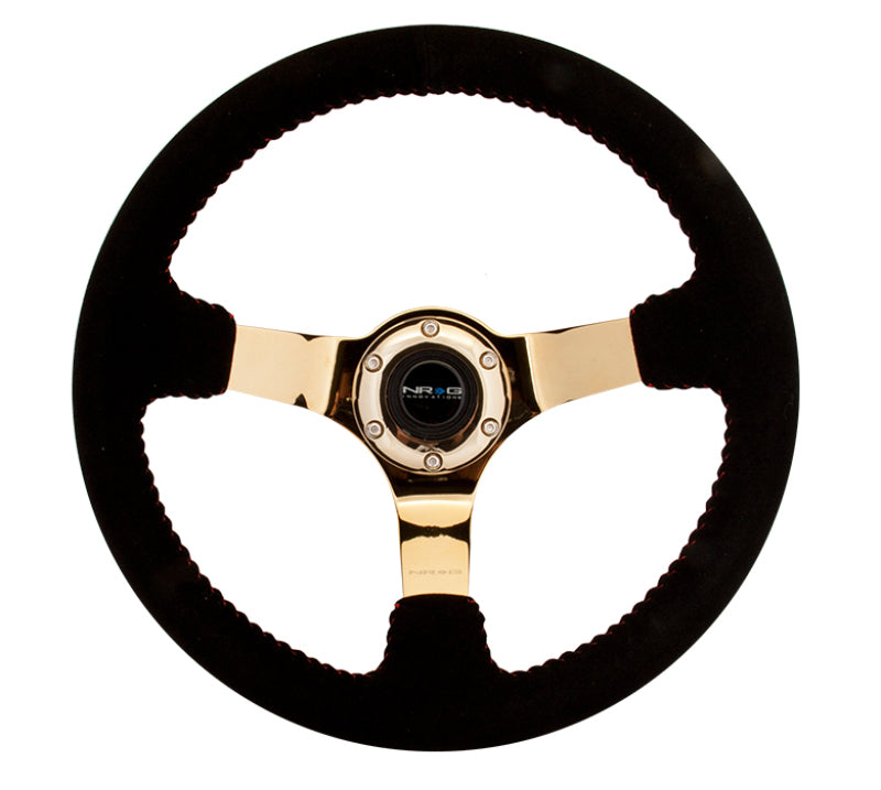 NRG Reinforced Steering Wheel (350mm / 3in. Deep) Blk Suede w/Red BBall Stitch & Chrome Gold 3-Spoke NRG Steering Wheels  AXOPROS