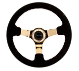 NRG Reinforced Steering Wheel (350mm / 3in. Deep) Blk Suede w/Red BBall Stitch & Chrome Gold 3-Spoke NRG Steering Wheels  AXOPROS