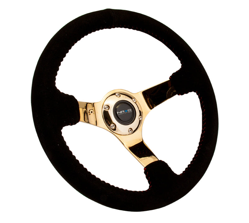 NRG Reinforced Steering Wheel (350mm / 3in. Deep) Blk Suede w/Red BBall Stitch & Chrome Gold 3-Spoke NRG Steering Wheels  AXOPROS
