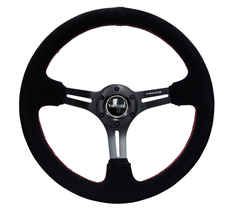 NRG Reinforced Steering Wheel (350mm / 3in. Deep) Blk Suede w/Red Stitching & 5mm Spokes w/Slits NRG Steering Wheels  AXOPROS