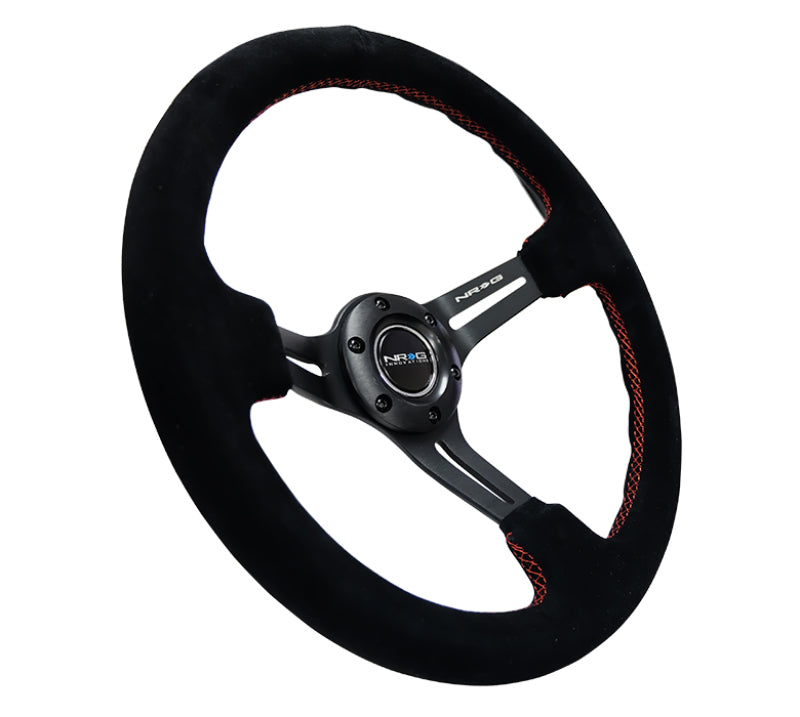 NRG Reinforced Steering Wheel (350mm / 3in. Deep) Blk Suede w/Red Stitching & 5mm Spokes w/Slits NRG Steering Wheels  AXOPROS