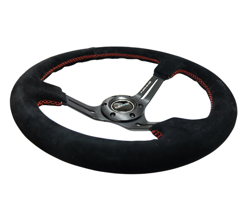 NRG Reinforced Steering Wheel (350mm / 3in. Deep) Blk Suede w/Red Stitching & 5mm Spokes w/Slits NRG Steering Wheels  AXOPROS