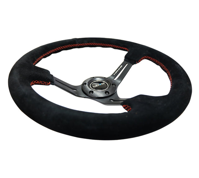 NRG Reinforced Steering Wheel (350mm / 3in. Deep) Blk Suede w/Red Stitching & 5mm Spokes w/Slits NRG Steering Wheels  AXOPROS