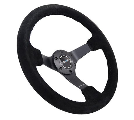 NRG Reinforced Steering Wheel (350mm / 3in. Deep) Blk Suede/Blk Bball Stitch w/5mm Matte Black Spoke NRG Steering Wheels  AXOPROS