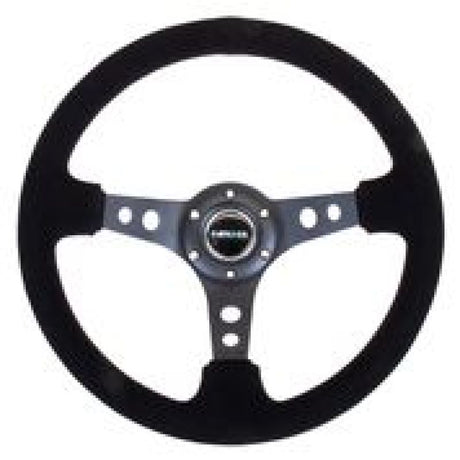 NRG Reinforced Steering Wheel (350mm / 3in. Deep) Blk Suede/Blk Stitch w/Black Circle Cutout Spokes NRG Steering Wheels  AXOPROS