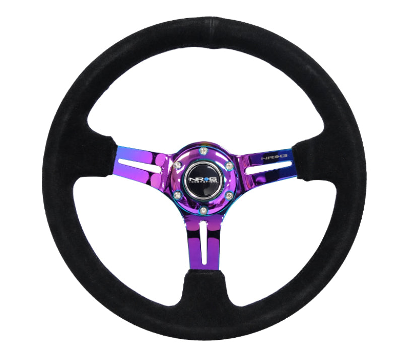 NRG Reinforced Steering Wheel (350mm / 3in. Deep) Blk Suede/Blk Stitch w/Neochrome Slits NRG Steering Wheels  AXOPROS
