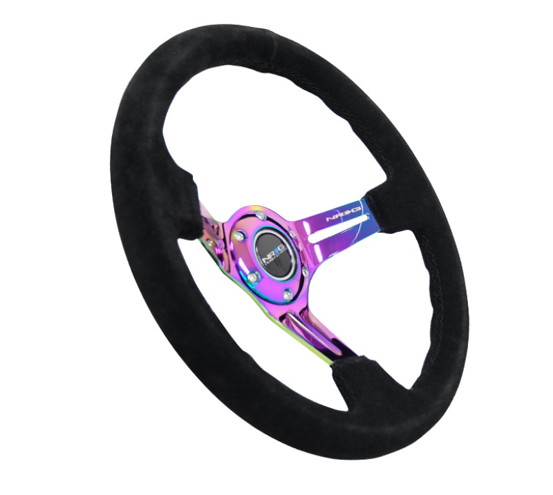 NRG Reinforced Steering Wheel (350mm / 3in. Deep) Blk Suede/Blk Stitch w/Neochrome Slits NRG Steering Wheels  AXOPROS
