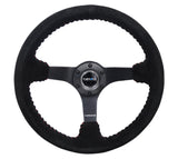 NRG Reinforced Steering Wheel (350mm / 3in. Deep) Blk Suede/Red BBall Stitch w/5mm Matte Blk Spokes NRG Steering Wheels  AXOPROS