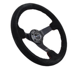 NRG Reinforced Steering Wheel (350mm / 3in. Deep) Blk Suede/Red BBall Stitch w/5mm Matte Blk Spokes NRG Steering Wheels  AXOPROS
