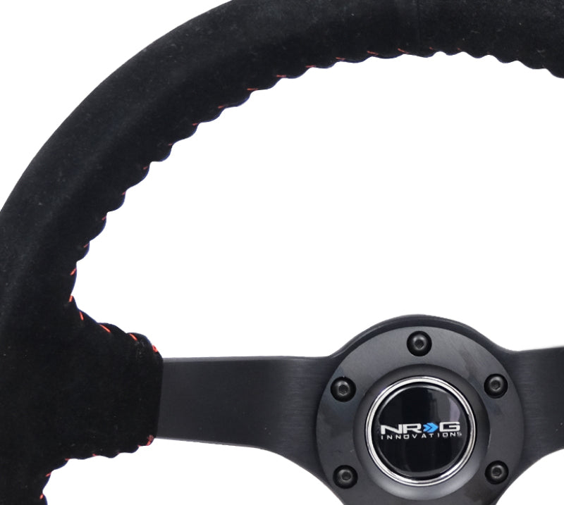 NRG Reinforced Steering Wheel (350mm / 3in. Deep) Blk Suede/Red BBall Stitch w/5mm Matte Blk Spokes NRG Steering Wheels  AXOPROS