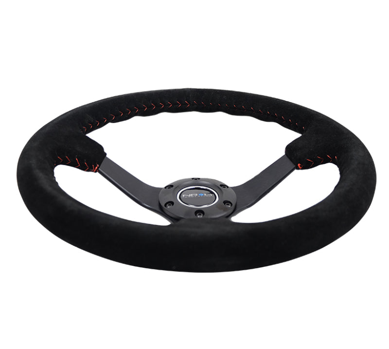 NRG Reinforced Steering Wheel (350mm / 3in. Deep) Blk Suede/Red BBall Stitch w/5mm Matte Blk Spokes NRG Steering Wheels  AXOPROS
