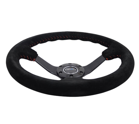 NRG Reinforced Steering Wheel (350mm / 3in. Deep) Blk Suede/Red BBall Stitch w/5mm Matte Blk Spokes NRG Steering Wheels  AXOPROS